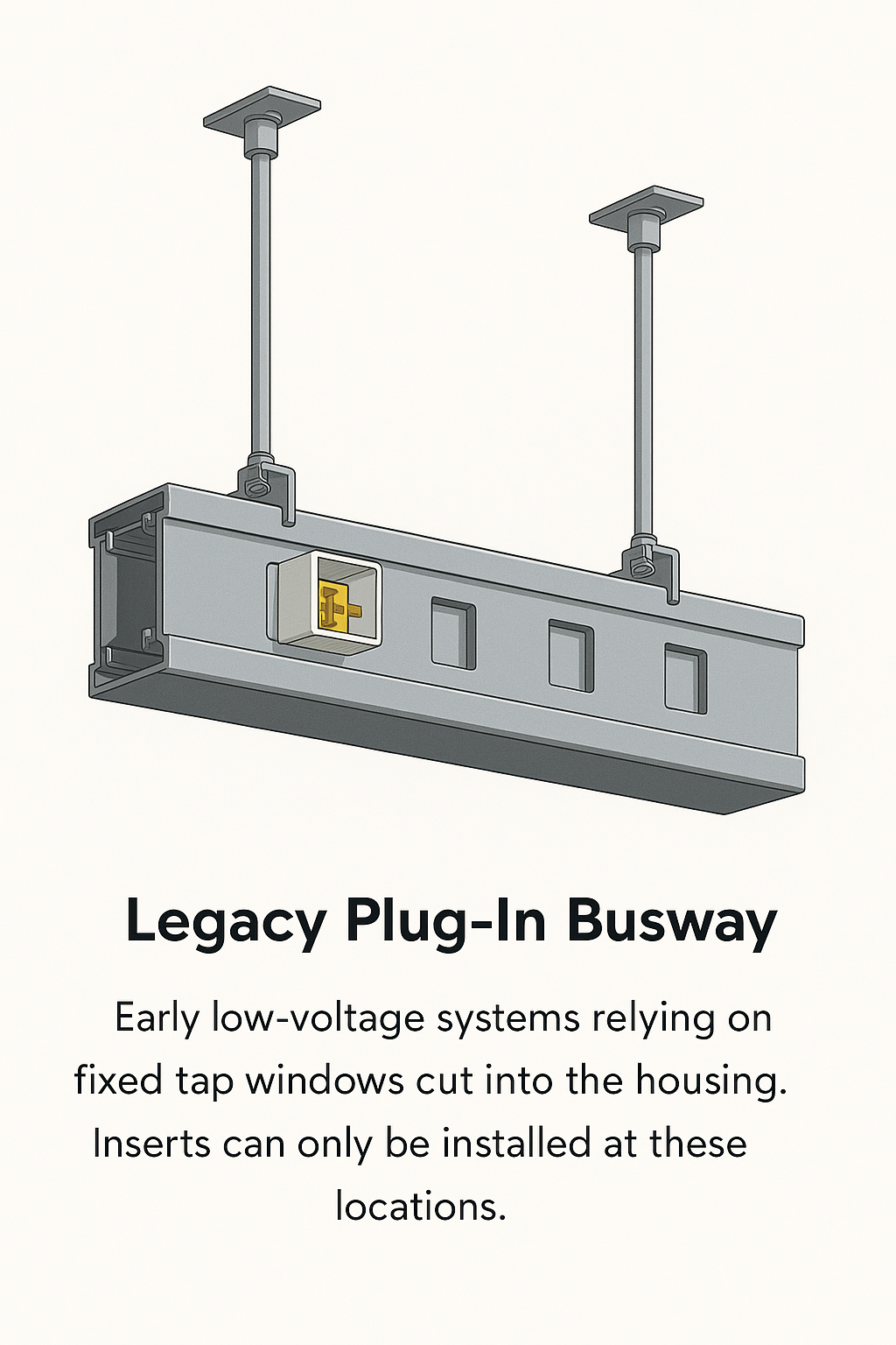 Generic illustration of a legacy plug-in busway with rectangular fixed tap windows and a plug-in unit aligned to a pre-set window.