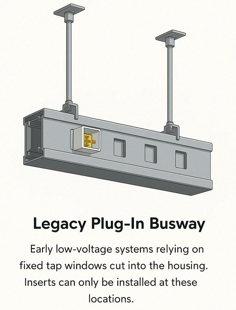Legacy plug-in busway with text explaining its use in early low-voltage systems.