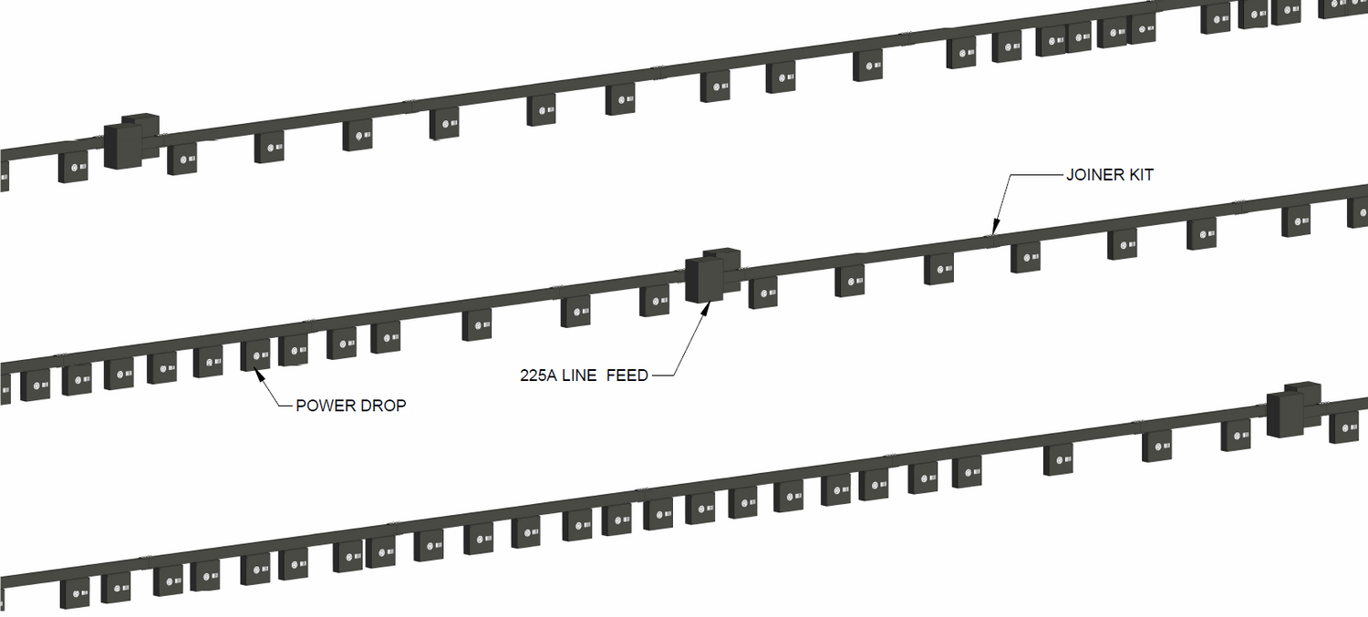 Multiple 225A Track Busway runs with line feeds, joiner kits, and power drops for larger project distribution layouts.