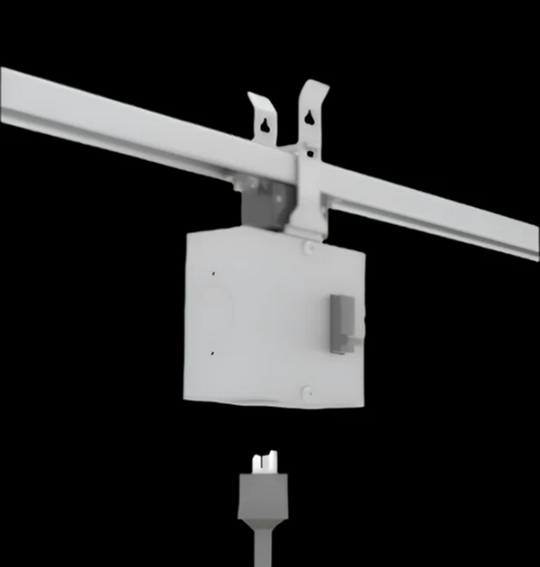 Track Busway with breakered outlet box and twist-lock receptacle for protected plug-in power drop