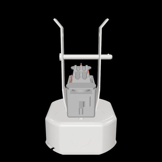Installation diagram showing an octagon junction box connecting a pendant rod and globe to a Track Busway crossbar; red arrows indicate the fastening points.
