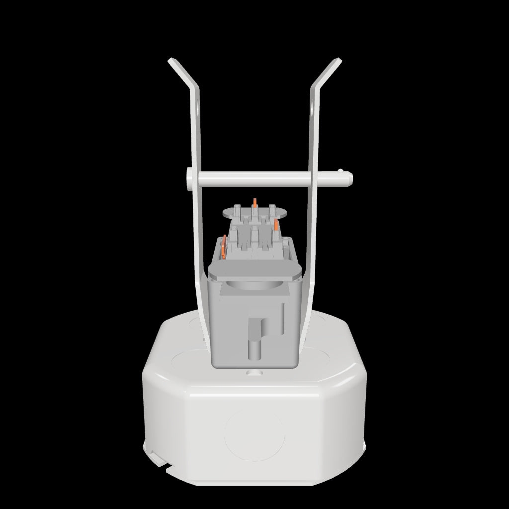 Installation diagram showing an octagon junction box connecting a pendant rod and globe to a Track Busway crossbar; red arrows indicate the fastening points.
