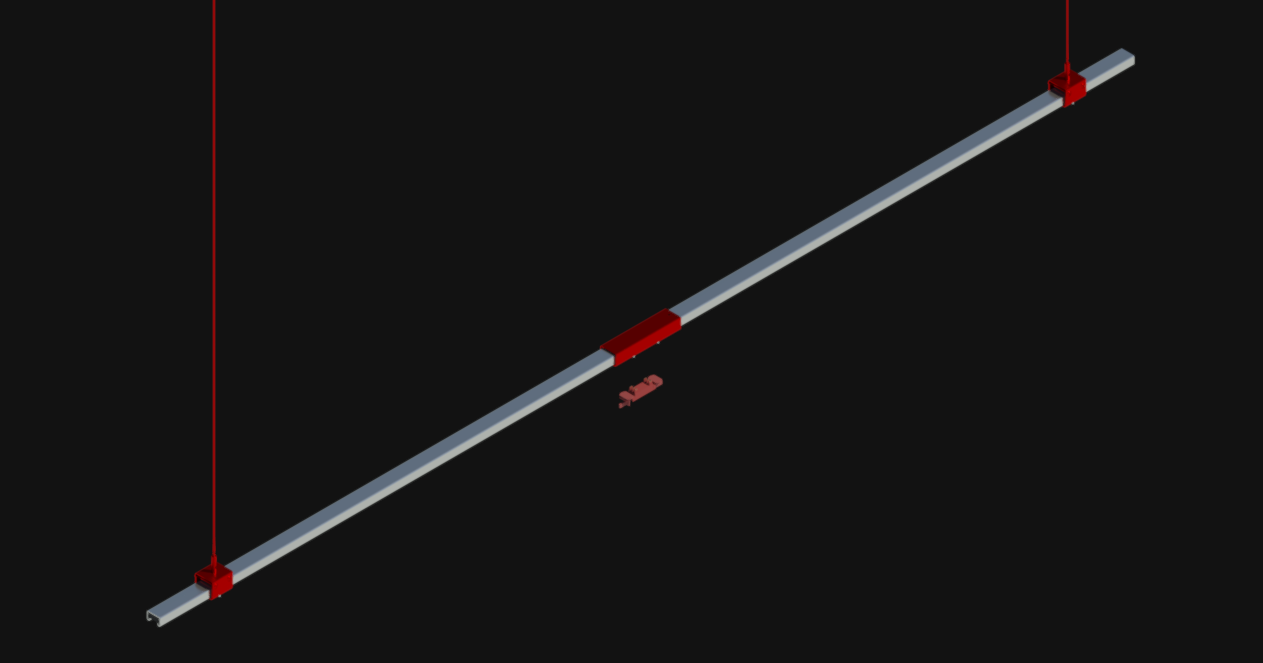 Suspended Track Busway run illustrating lengths, joiner locations, and hanger locations