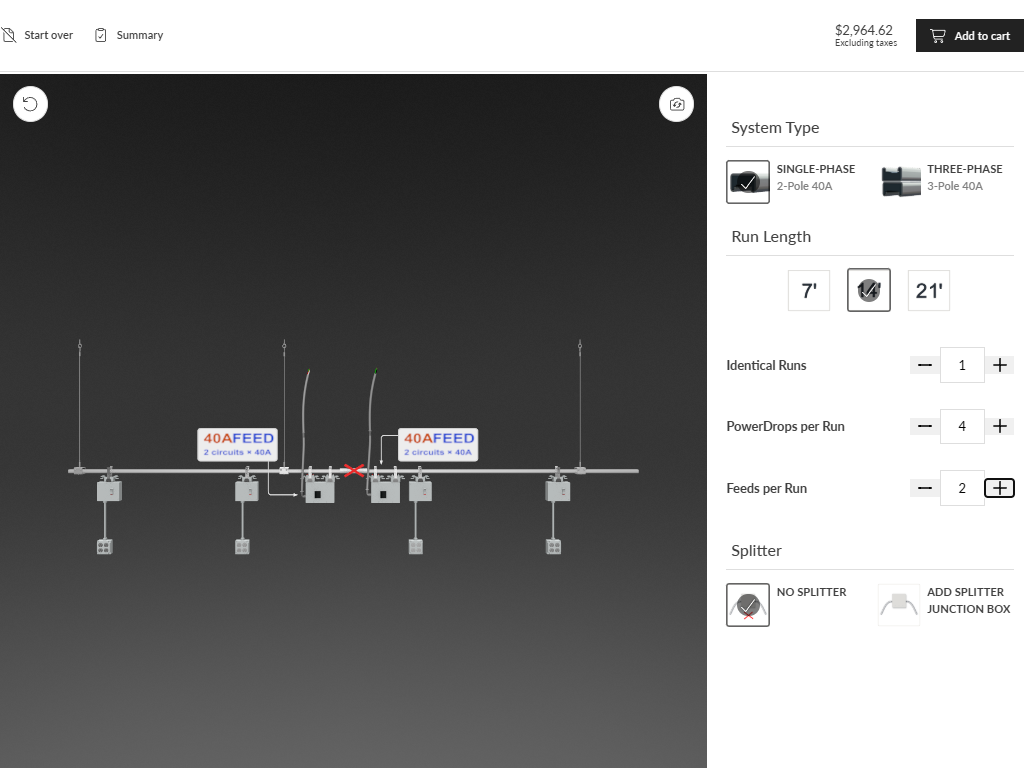 40A configurator row with four PowerDrops and two labeled feeds