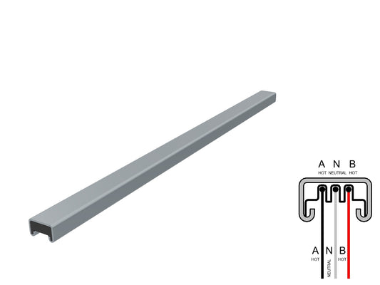 Rendered galvanized-finish T40 single-phase Track Busway length with an A–N–B cross-section wiring diagram in the lower-right corner