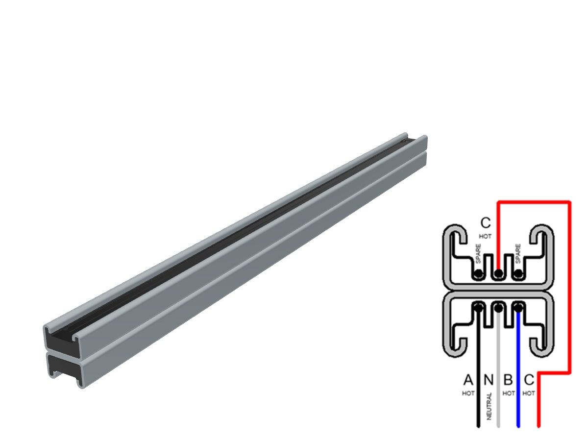 Rendered galvanized-finish T40 three-phase double-deck Track Busway length with an A–N–B–C cross-section wiring diagram in the lower-right corner