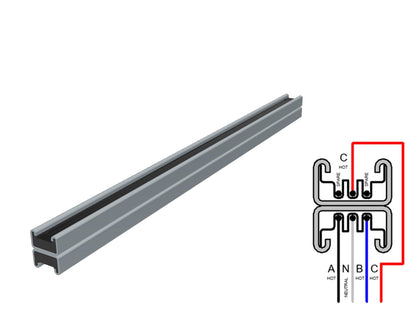Rendered galvanized-finish T40 three-phase double-deck Track Busway length with an A–N–B–C cross-section wiring diagram in the lower-right corner