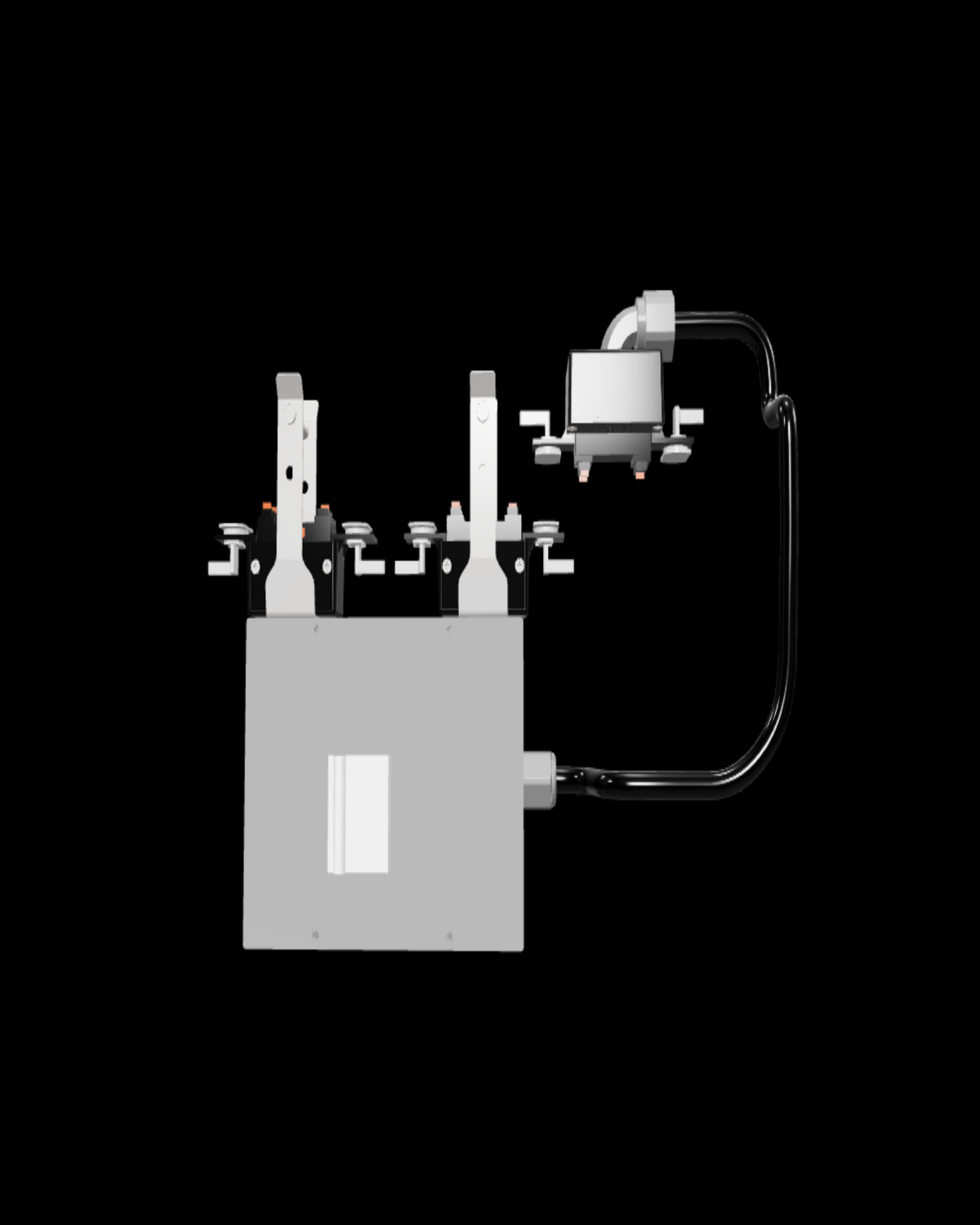 Three‑phase feed assembly showing a rectangular feed module with two plug‑in connectors and a flexible cord connected to a smaller feed box
