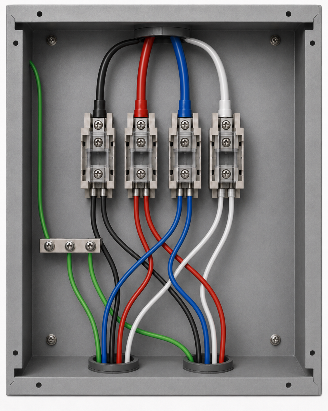 Inside view of a splitter enclosure showing power distribution blocks, ground lug, and color-coded wiring.