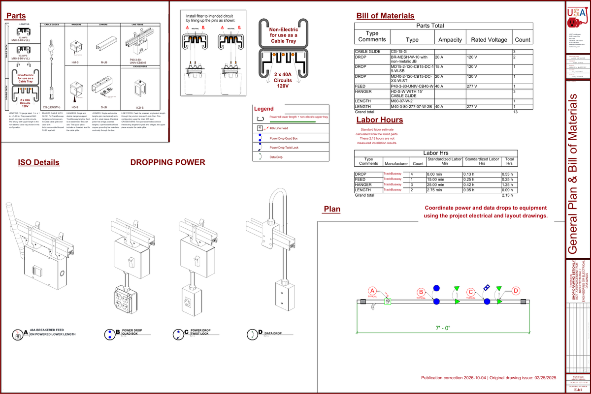 Sheet E-b1 showing a 40A Track Busway row layout, power and data drops, component details and bill of materials