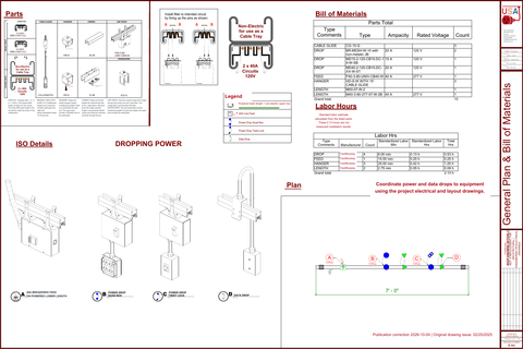 Example Track Busway layout drawing with component details and bill of materials