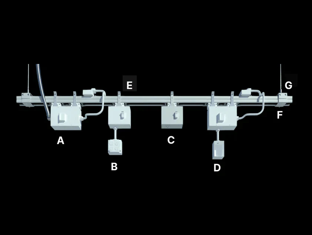 Track Busway 3-phase row with tap box and plug-in power connections 