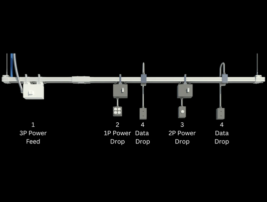 Track Busway 1-phase row with cable tray stacked on top with power and data drops