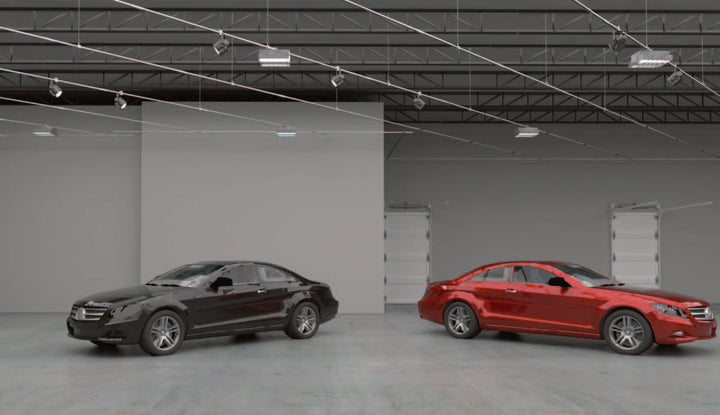 Automotive workspace with suspended Track Busway above vehicles